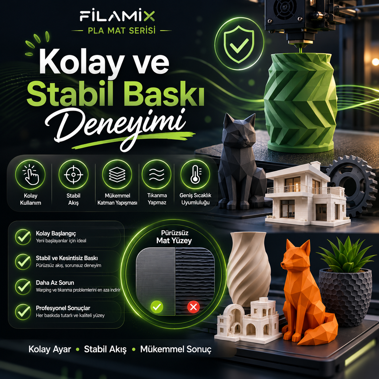Filamix Pla Mat Siyah 1.75mm 1kg Gerçek Mat Siyah - Gerçek Premium Görünüm